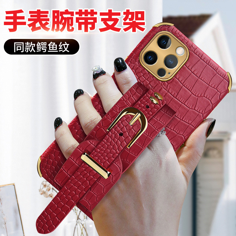 iPhone 12 MIni 11 Pro X XS XR Max SE 2020 7 8 6 6s Plus Crocodile Pattern Wristband Strap Phone Case Genuine 6D Electroplating Phone CasingHigh-end business soft shell women1