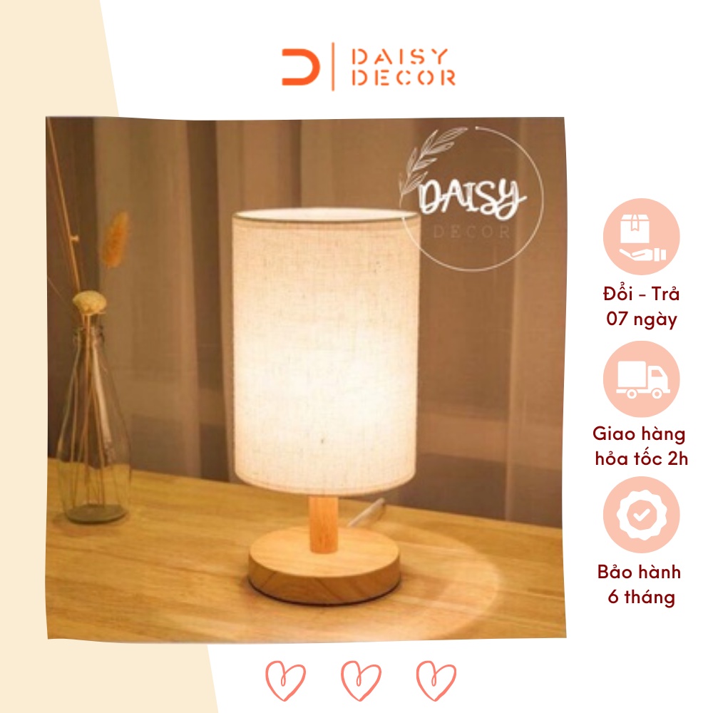 Đèn ngủ để bàn trang trí phòng ngủ Daisy Decor thân gỗ cắm điện phong cách vintage có tăng giảm ánh sáng