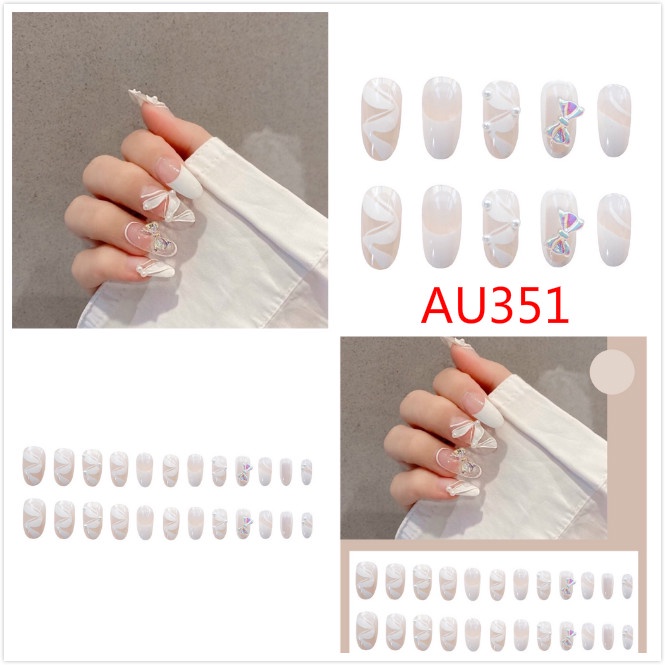 [Hàng mới về] Bộ 24 Móng Tay Giả Màu Xanh Dương Đính Nơ Và Trái Tim Xinh Xắn Chống Thấm Nước