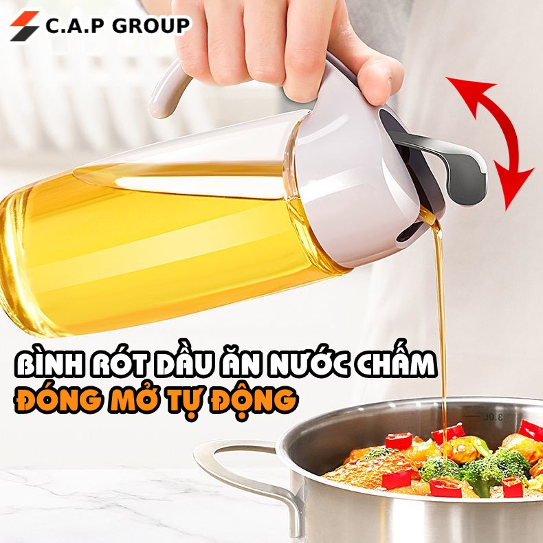 Bình đựng dầu ăn nước mắm mật ong có vòi tự mở nắp đóng tự động - Chai rót dầu ăn thủy tinh