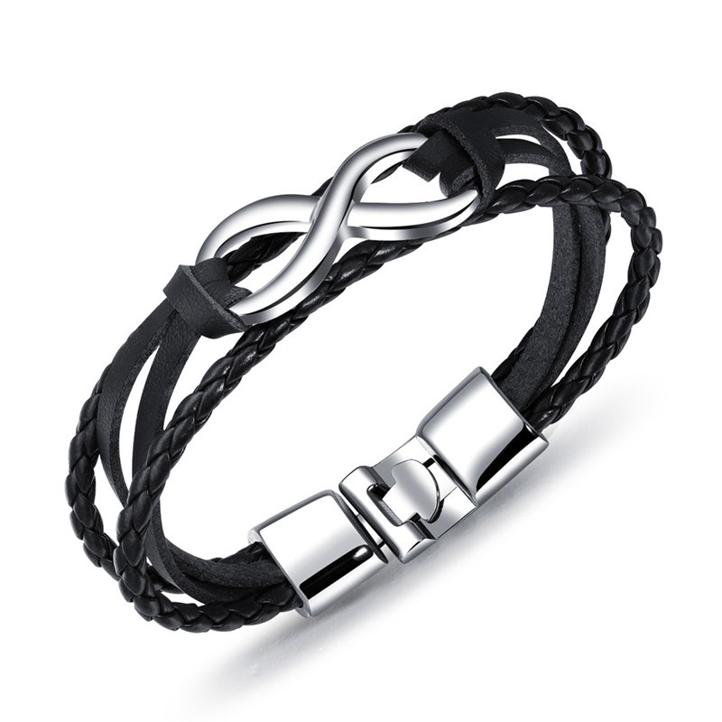 Vòng Tay Dây Da Đính Mặt Thép Không Gỉ Khắc Chữ Hw Lucky 8