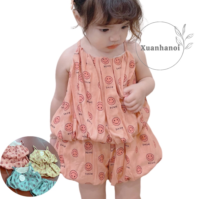 Bộ bé gái 2 dây chát đũi hình mặt cười 3 mầu Hồng, Xanh và Vàng XHN948