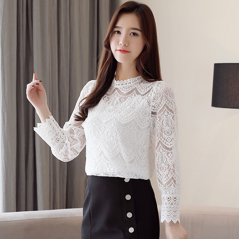 Women Elegant Crochet Lace Casual Cute Blouse Korean Summer Autumn Long Sleeve Korean Top Pink White