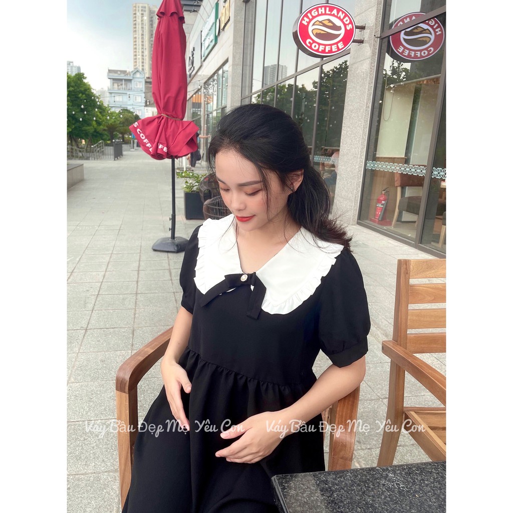 Váy bầu bigsize 40-100kg Váy Bầu Công Sở, Đầm Bầu Babydoll Đen Phối Cổ Trắng Đính Nơ MB246 [Video + ảnh thật ]