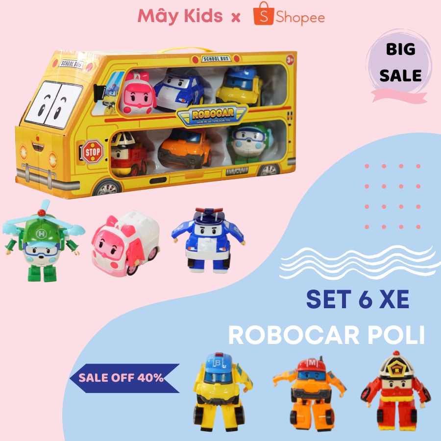 Bộ đồ chơi 6 xe oto Robocar poli biến hình, Bộ 6 xe bằng nhựa có hộp đựng cho bé - Mây Kids