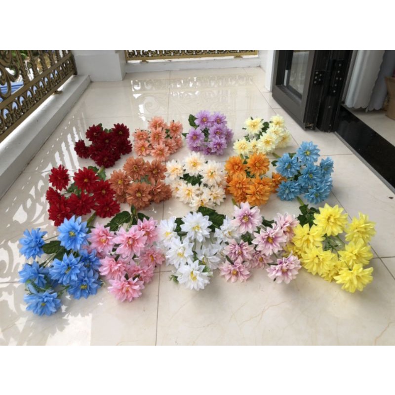 Cụm Hoa Thược Dược 9 bông Size 8cm_ Hoa Lụa Cao Cấp