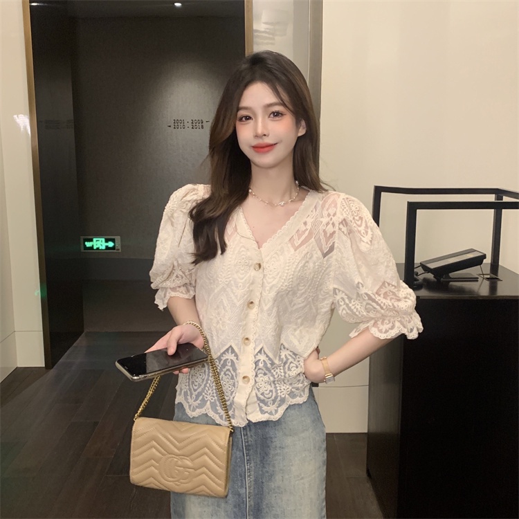 Áo sơ mi SUXI tay ngắn phồng dáng rộng phối ren màu sắc đơn giản thời trang mùa hè dành cho nữ