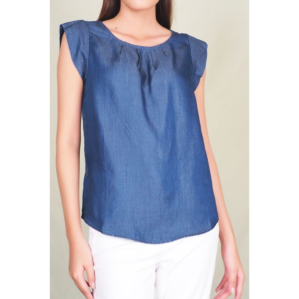 Áo denim cổ tròn tay nối không túi Haute Monte