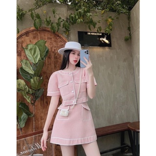 Set xốp hồng áo croptop viền + chân váy hồng túi viền