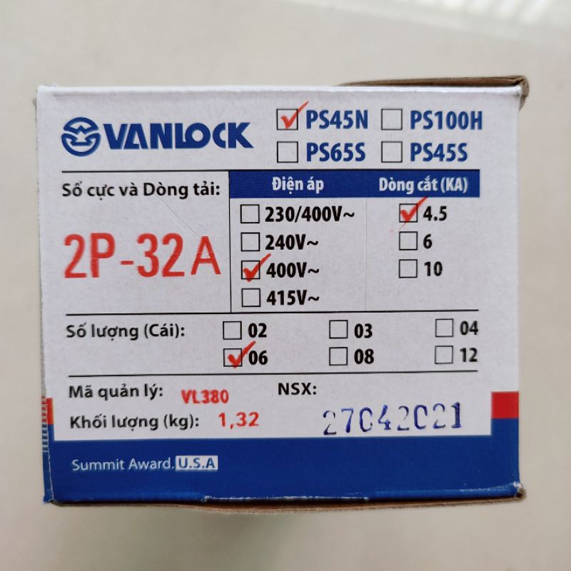 Cầu dao tự động , MCB , CB 2P dòng cắt 4,5kA SINO PS45N