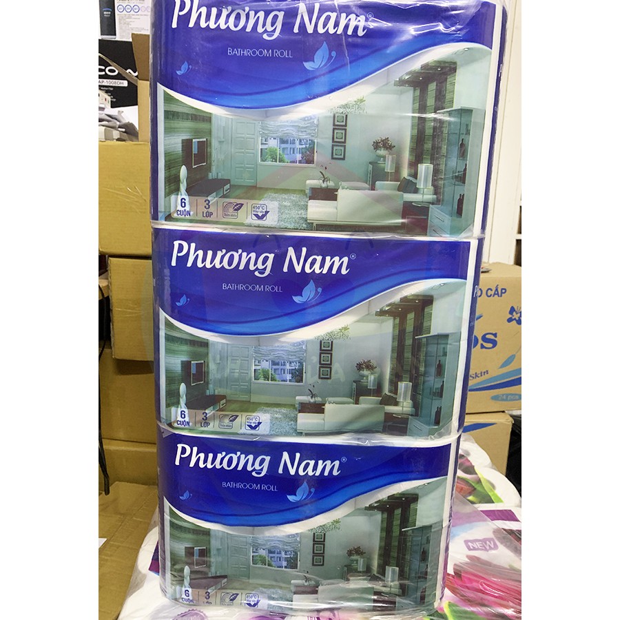 Lốc 6 cuộn giấy vệ sinh 3 lớp cao cấp Phương Nam, Hàng Việt Nam chất lượng cao, hàng có lõi, dai, mềm mịn, trắng dễ chịu