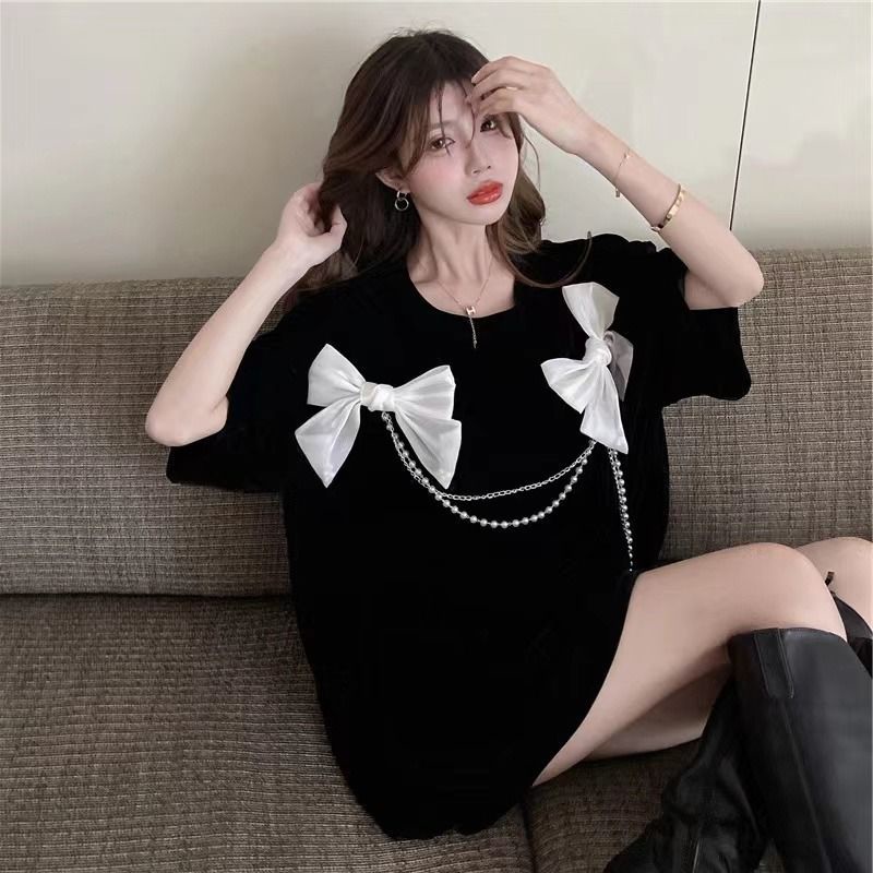 Áo Thun Tay Ngắn Dáng Rộng Mùa Hè Thiết Kế Thắt Nơ Dây Xích Phong Cách Hàn Quốc Mới Cho Nữ