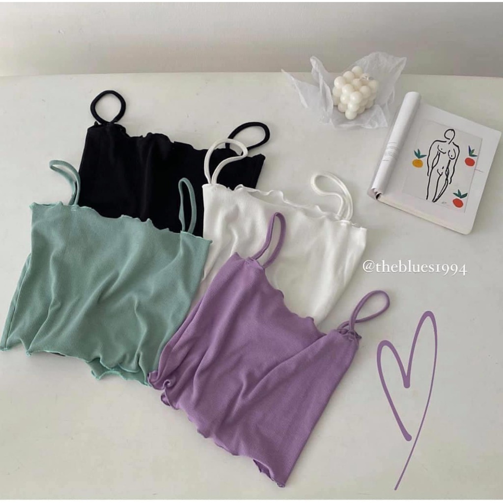 ÁO CROPTOP 2 DÂY CUỐN BIÊN ĐEN TRẮNG VÀNG HỒNG TÍM - CROPTOP LEN TĂM NHÚN VIỀN BÈO NHIỀU MÀU | BigBuy360 - bigbuy360.vn