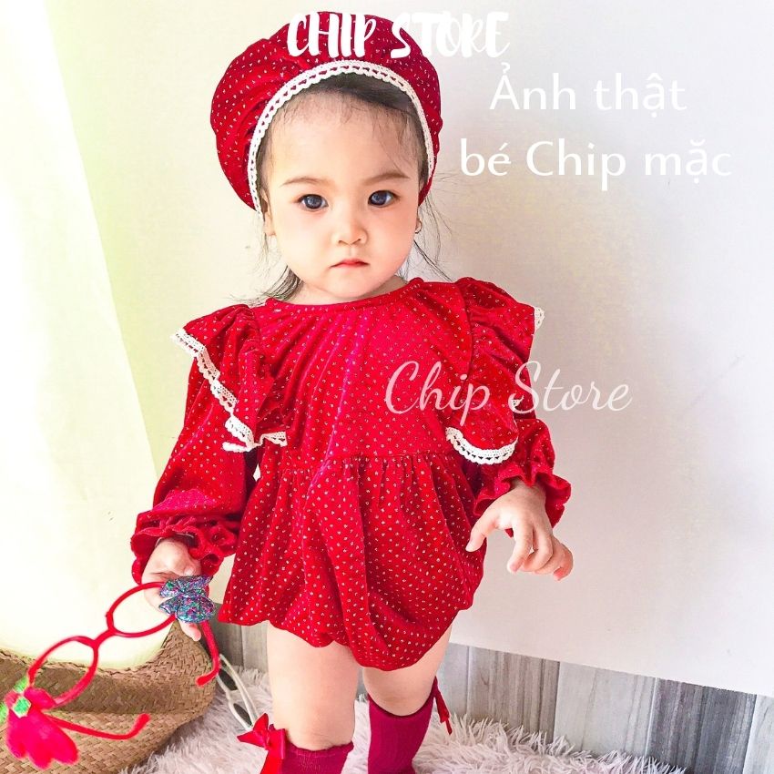 Body dài tay bé gái màu đỏ nhung cao cấp CHIP STORE Tặng kèm nón vớ giữ ấm chân, mặc đầy tháng, Noel, Tết đều xinh