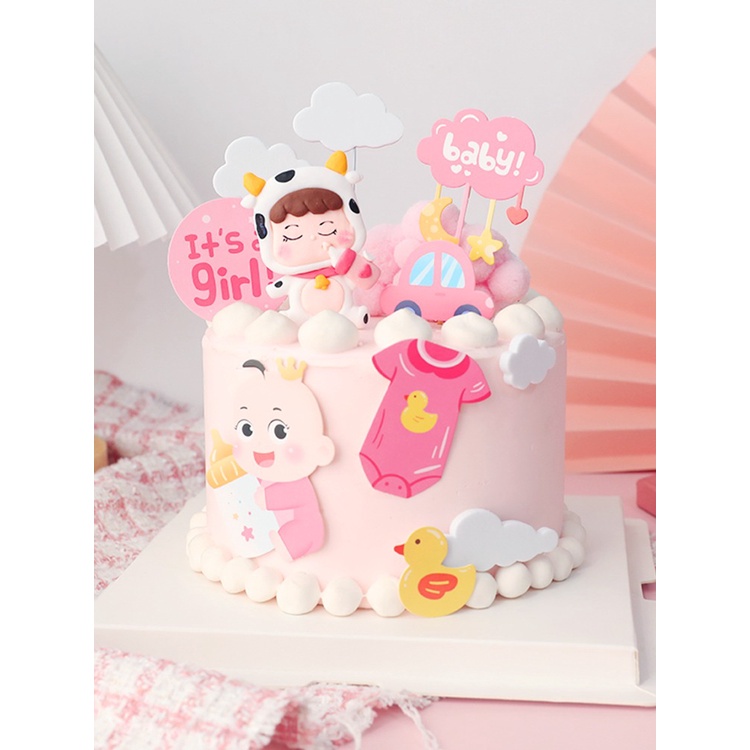 Set que cắm em bé ôm bình sữa hồng baby_Phụ kiện trang trí bánh