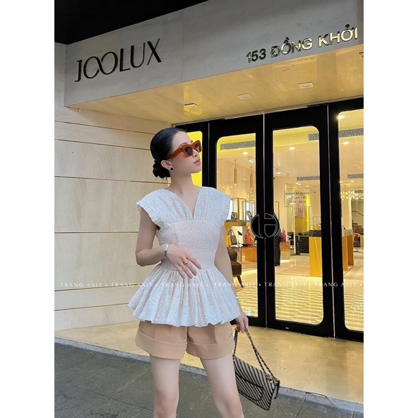 SET ÁO XÔ TAY TIÊN PEPLUM BÈO + QUẦN SHORT NÂU