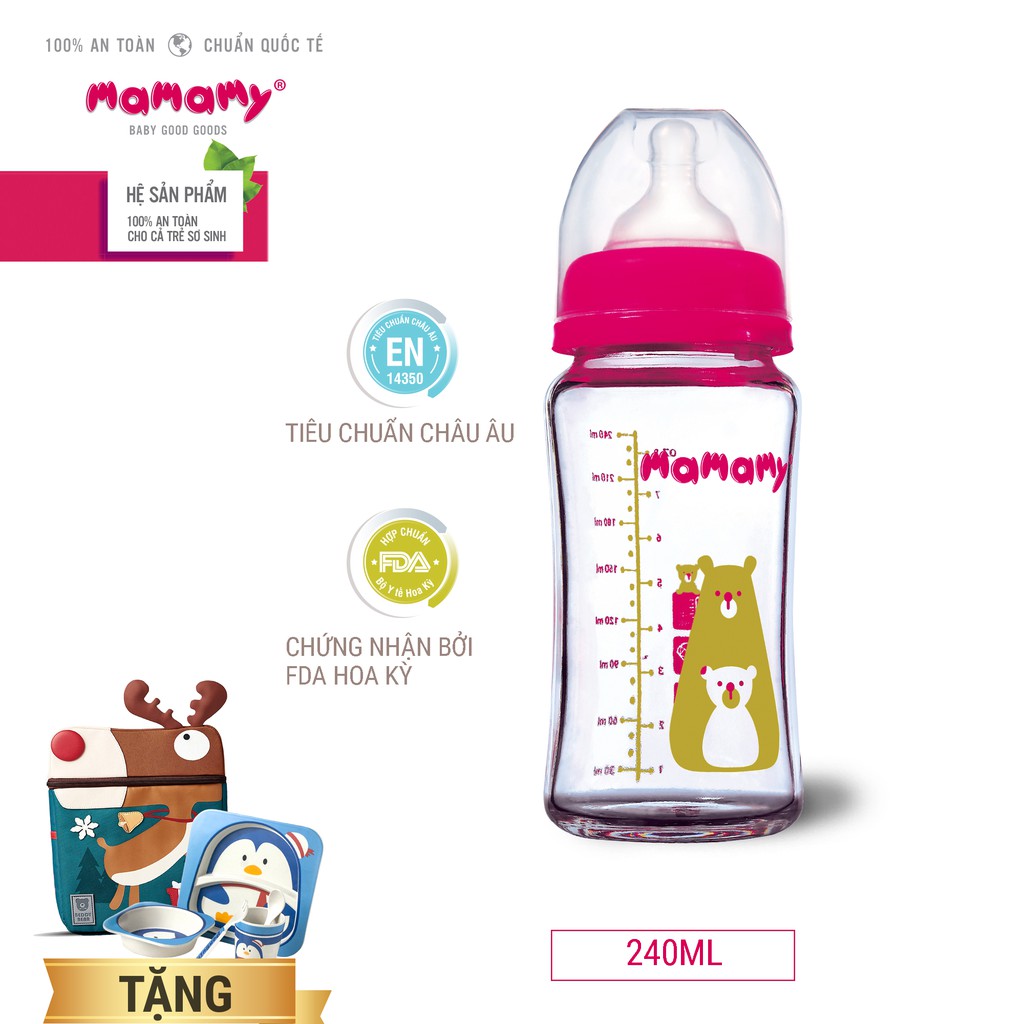 Combo bình sữa thủy tinh cổ rộng chống sặc và đầy hơi Mamamy 240ml + 1 hộp núm ti chống sặc và đầy hơi