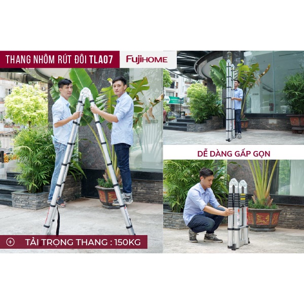 Thang nhôm rút chữ A cao 4,4M - 5M gấp gọn nhập khẩu chính hãng FUJIHOME Công nghệ Nhật Bản- Chính hãng bảo hành 1 năm