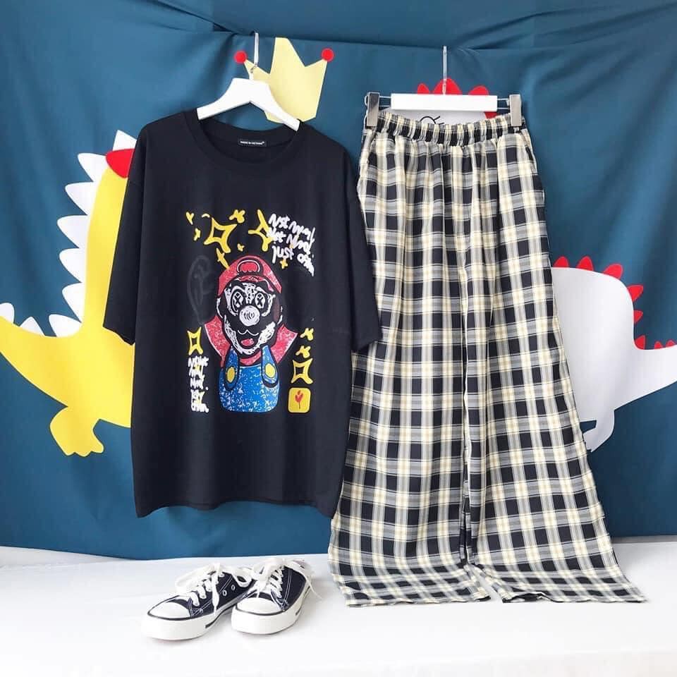Combo bộ áo phông form rộng + quần caro form suông unisex