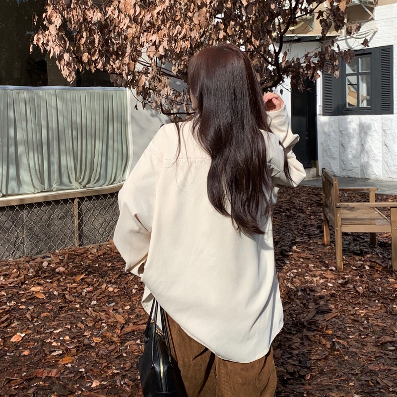 Áo Sơ Mi Nhung Kẻ Dài Tay Dáng Rộng Cổ Polo Thêu Họa Tiết Vintage Mỹ Cho Nữ