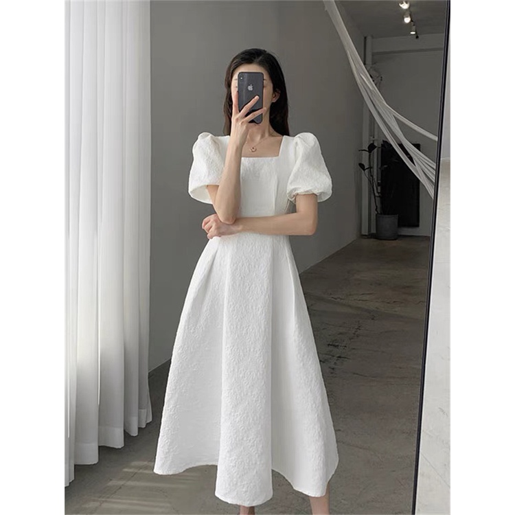 Váy đầm dự tiệc trắng đen hai lớp dày dặn cổ vuông tay ngắn chất đẹp cực sang phong cách Hàn Quốc