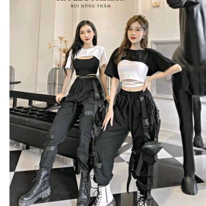 Sét áo croptop dây dài 01 vải cotton co dãn