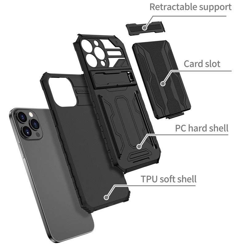 （Ready stock）For iPhone 11 12 13 Pro Max Cover Heavy Armor Protection with Bracket Card Package Phone Case casing