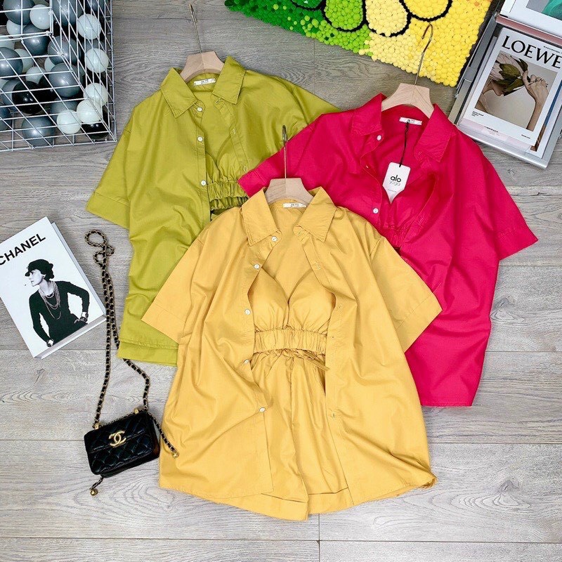 set 3 món áo bra kèm áo sơ mi khoác quần short đùi chất đũi mềm k