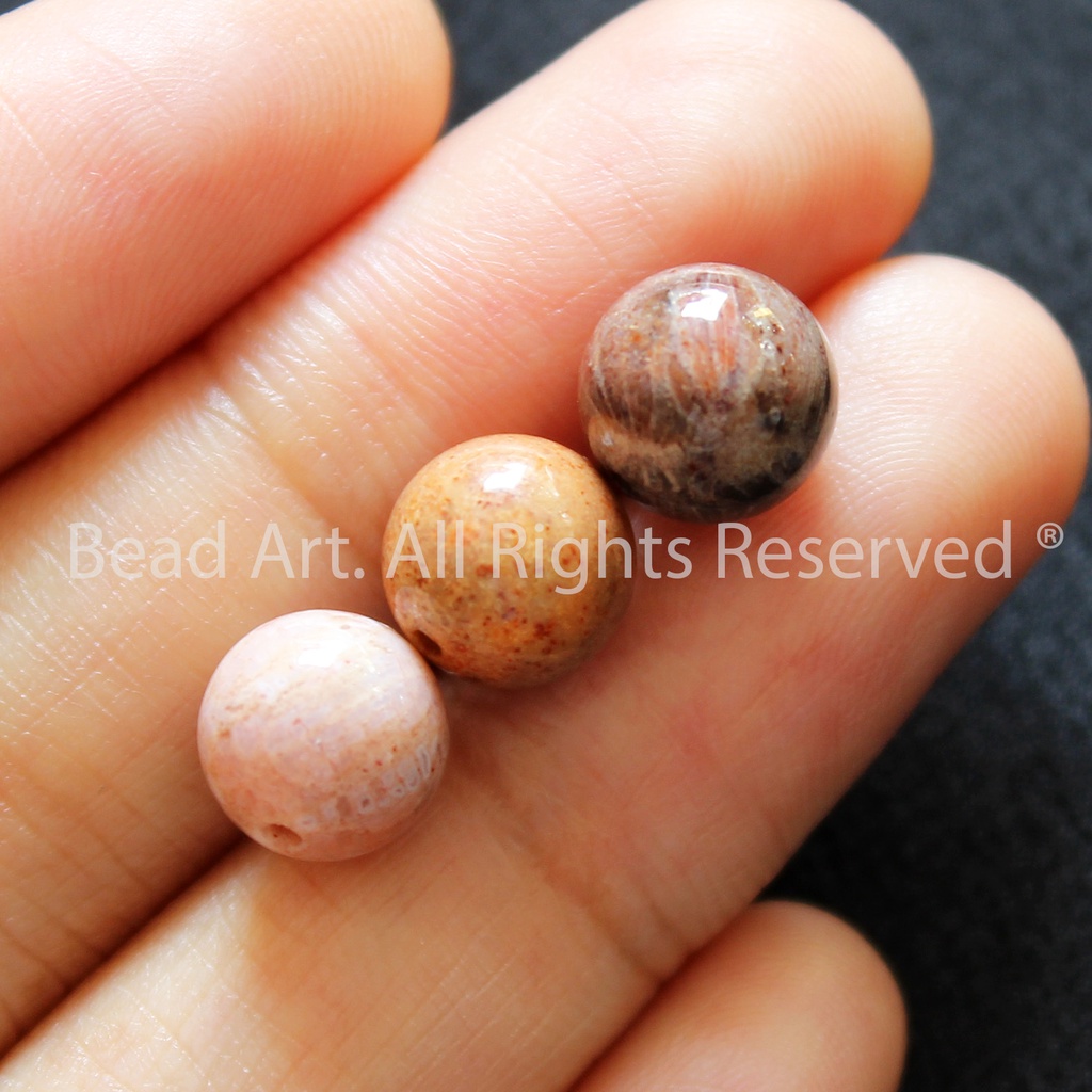 8MM San Hô Hoá Thạch Loại A 8MM, Dạng Tròn, Tông Xám, Phối Vòng Tay Phong Thuỷ, Chuỗi Hạt S50 - Bead Art