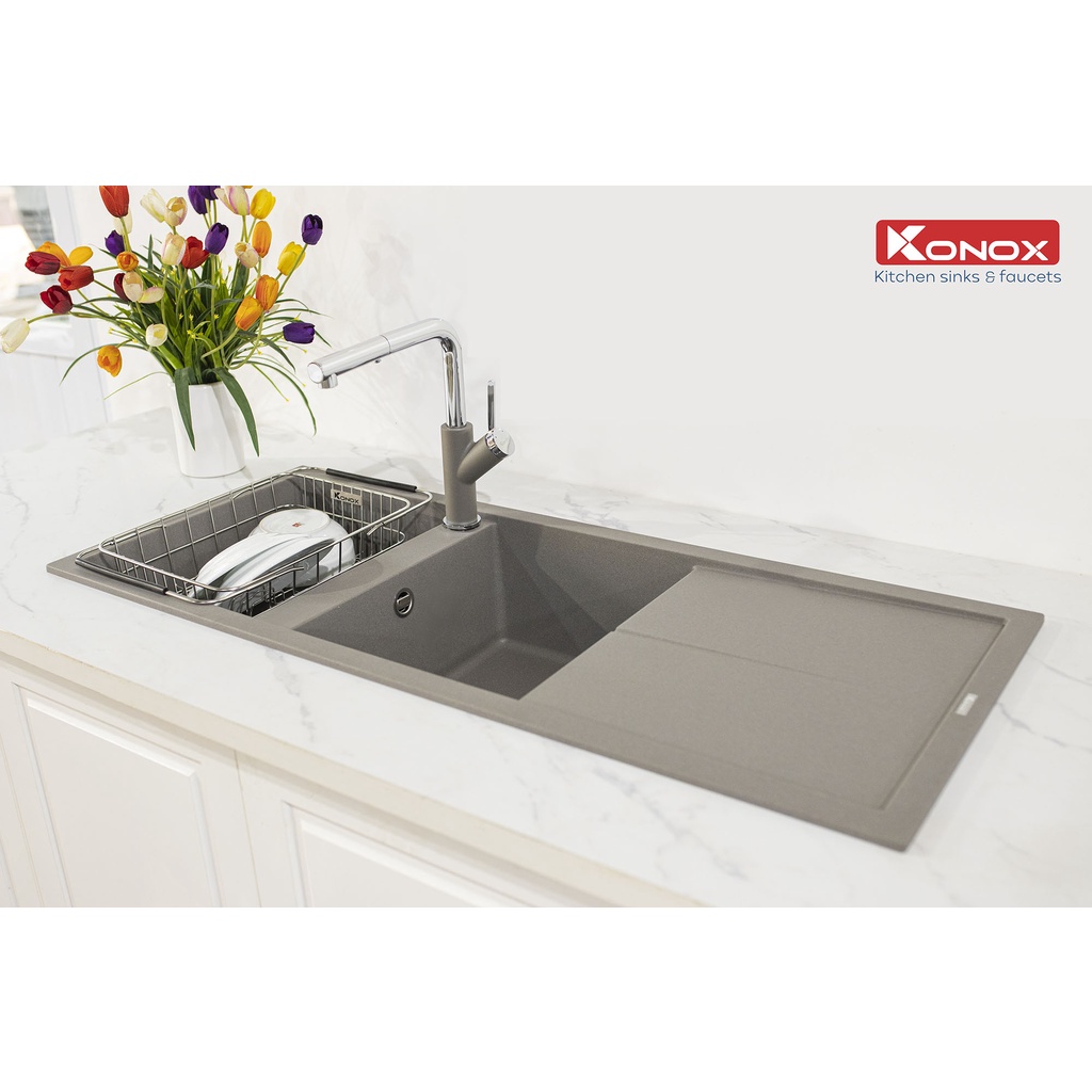 Vòi rửa bát kéo dây KONOX Artan Grey, bề mặt xử lý mạ PVD vân đá 5 lớp, lõi hợp kim đồng 61% tiêu chuẩn Châu Âu CW617N