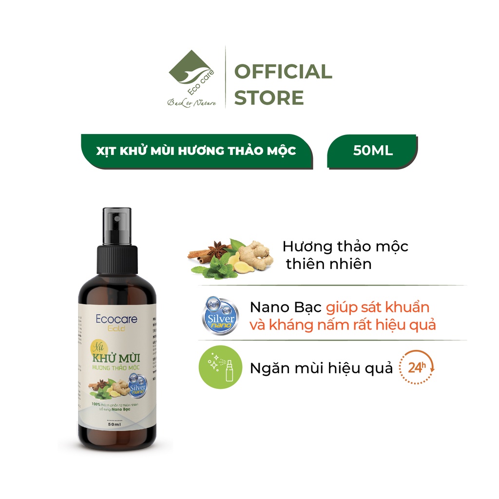 Xịt khử mùi giày dép, khử mùi hôi chân hương Thảo mộc Ecocare, công nghệ Nano Bạc 50ml