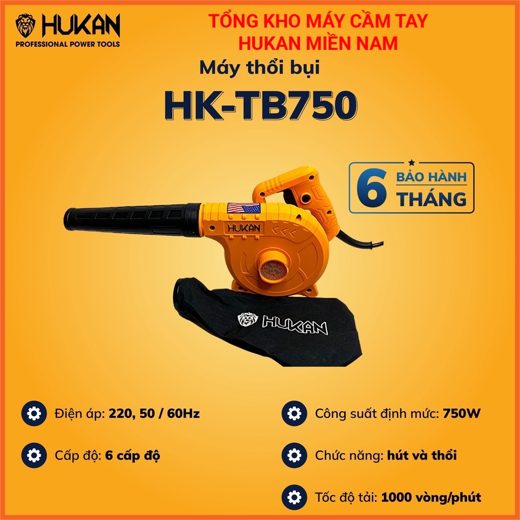Máy thổi bụi 2 chiều (hút và thổi) HUKAN HK-750TB. Lõi đồng công suất 750W có điều tốc 6 cấp độ 19600 vòng/phút. BH 6T