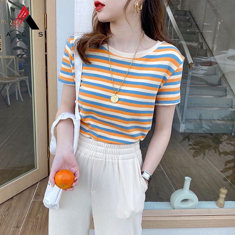 Áo Thun Tay Ngắn Họa Tiết Kẻ Sọc Phong Cách Hàn Quốc Thời Trang Mùa Hè Hàng Mới Dành Cho Bạn Nữ 2021