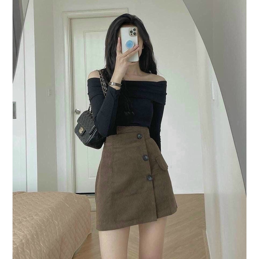 Quần váy A Chất Nhung Tăm cạp cao phối 3 cúc-mã 162