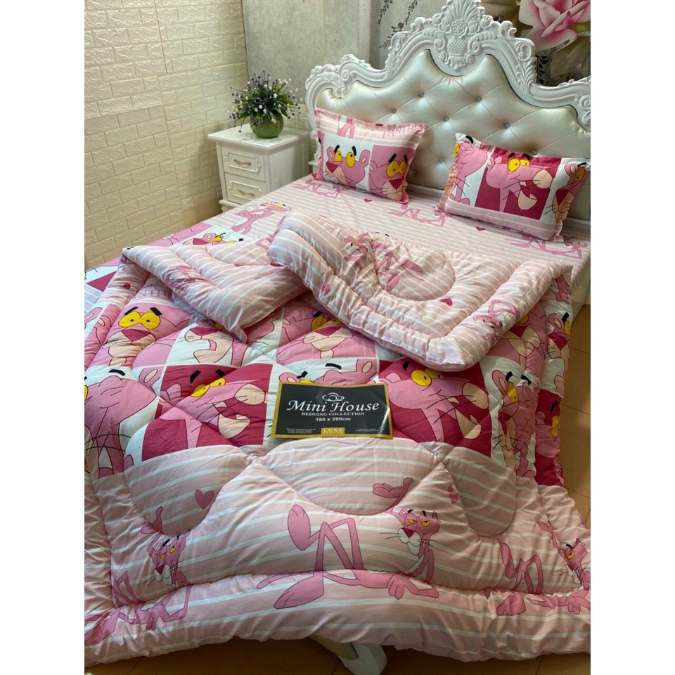 Bộ Chăn Phao Ga GốiChăn phao trần bông dày,Vải poly cotton-mẫu con báo hồng