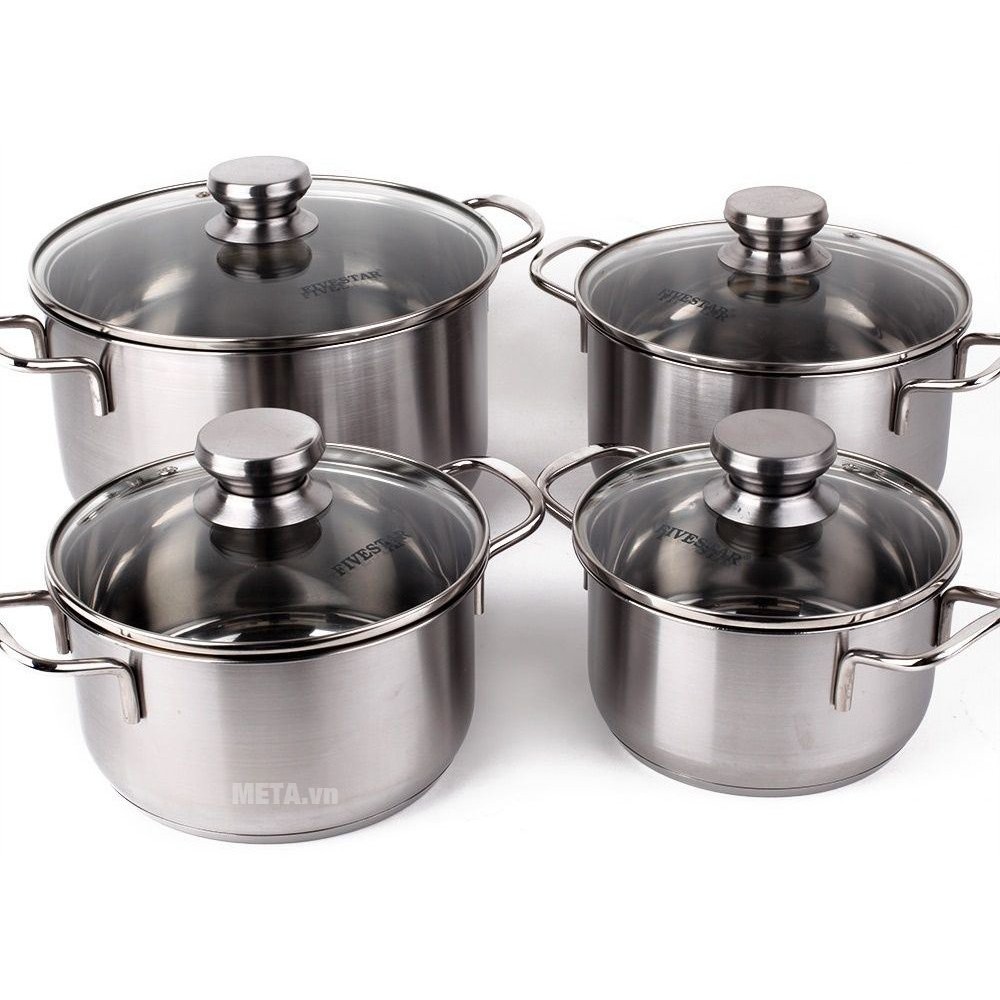 Bộ Nồi Inox Fivestar 4 Cái -3 Đáy Nắp Kính- Dùng Được Cho Bếp Từ- Hàng Chính Hãng -Bảo Hành 5 Năm
