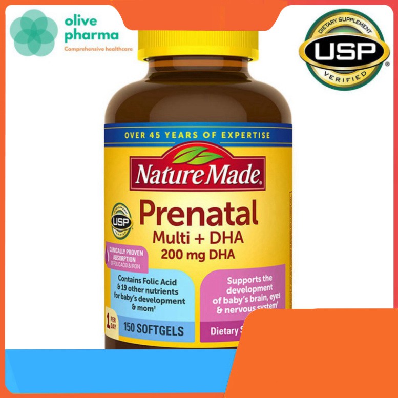 SIÊU TIẾT KIỆM [150 Viên] Thuốc Bổ Cho Bà Bầu Nature Made Prenatal Multi DHA 200mg của Mỹ [Chuẩn USA] - Cho Bé Thông Min