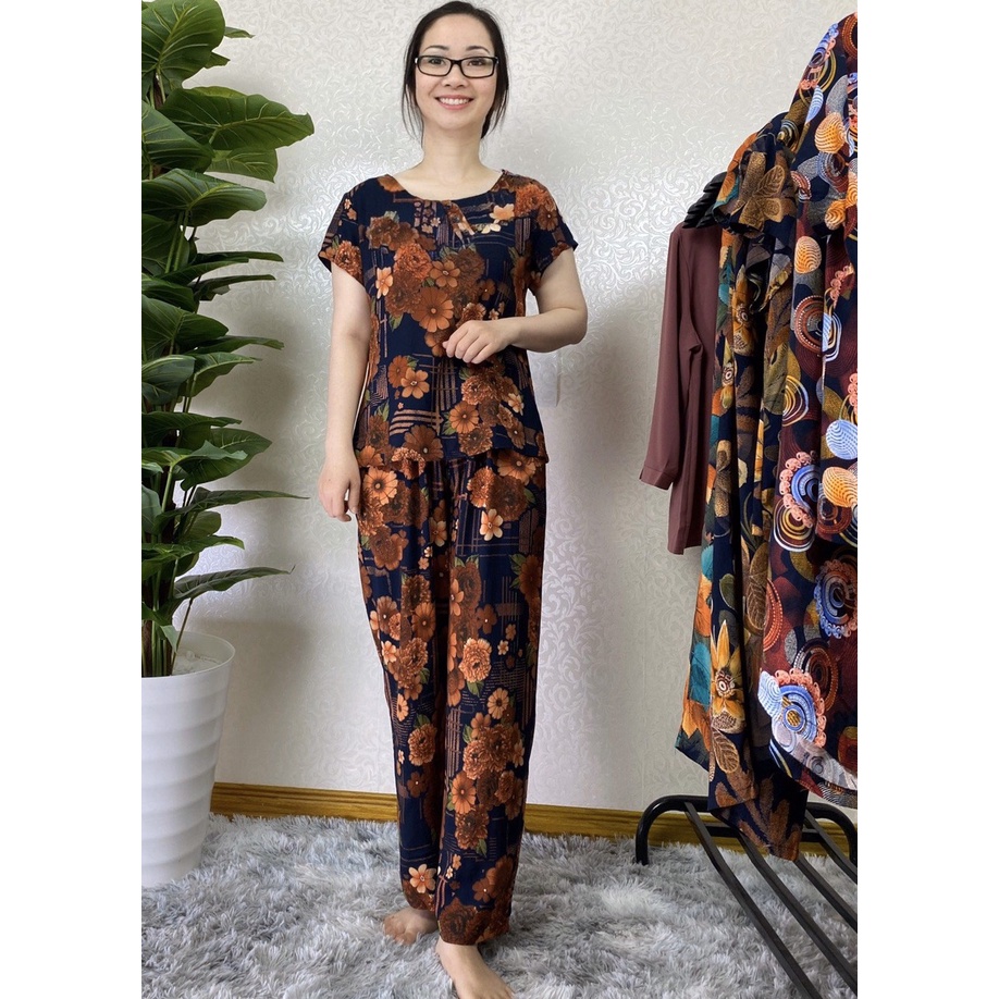 Bộ mặc nhà trung niên quần dài tay ngắn, lanh nhung dài