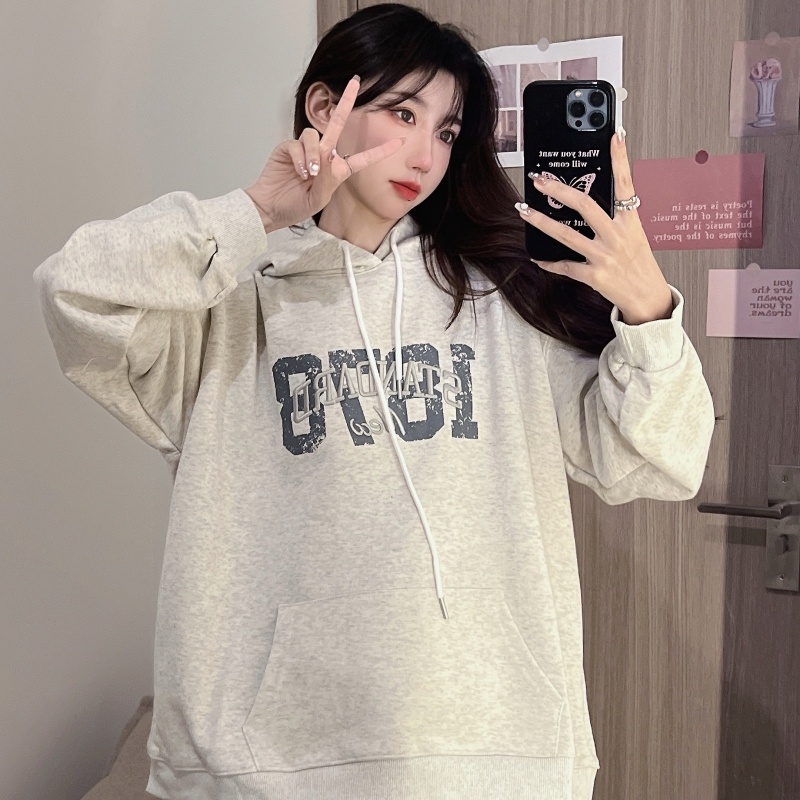 ZHELIHANGFEI Áo Hoodie Tay Dài Dáng Rộng Thêu Chữ Phong Cách Preppy