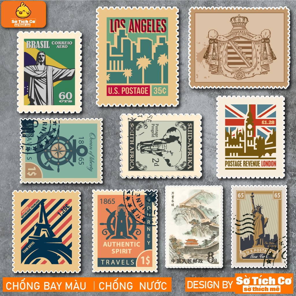 Vintage Stamp chống nước sticker dán laptop, điện thoại, đàn guitar, mũ bảo hiểm, vali. MSP: NS31