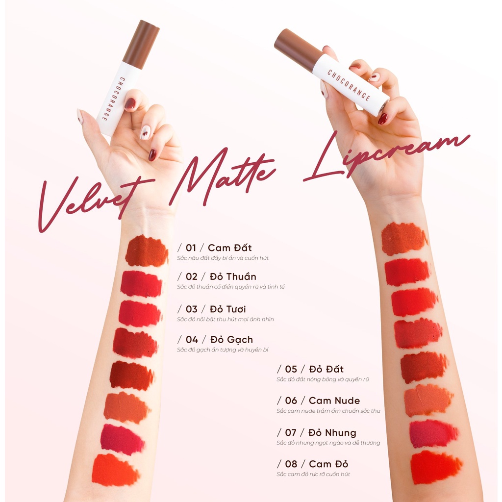 Son Kem Lì Matte Socola Chocorange - Chocorange Velvet Matte Lipcream - Son Nhung Mịn Siêu Lì Không Trôi