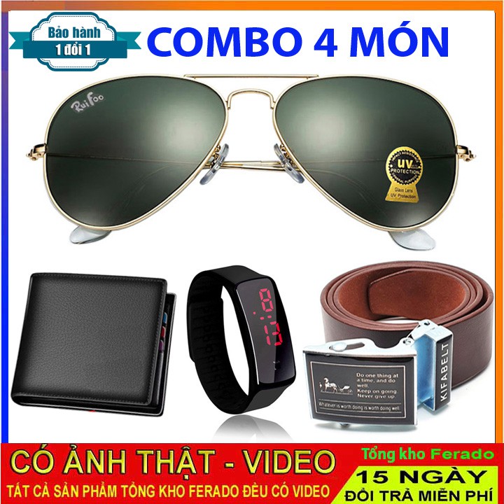 COMBO 4 món phụ kiện Đồng hồ kính mắt ví da dây lưng