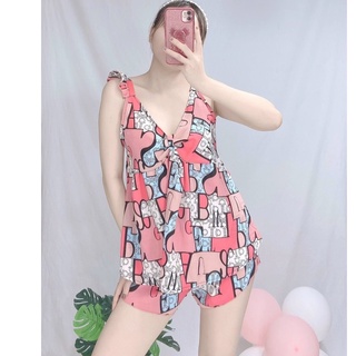 Set đồ ngủ cánh tiên phối nơ quần đùi siêu xinh chất liệu lụa mềm freesize dưới 57kg