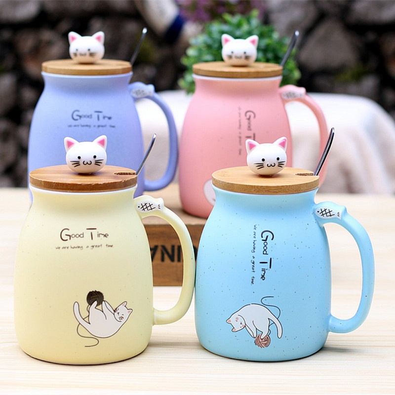 Cốc Sứ, Cốc Cà Phê Hình Mèo Có Nắp 450ml Cực Ngộ Nghĩnh