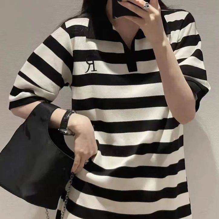 Hàng Châu Âu Bán Chạy-Đầm polo Dáng Rộng Cổ Bẻ Kẻ Sọc Thời Trang Mùa Hè 2022 Mới Cho Nữ @ -