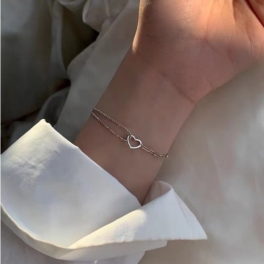 Vòng tay bạc sterling 925 mặt hình trái tim ghép dây xích và dây chuỗi thiết kế nhỏ đơn giản thời trang cá tính cho nữ