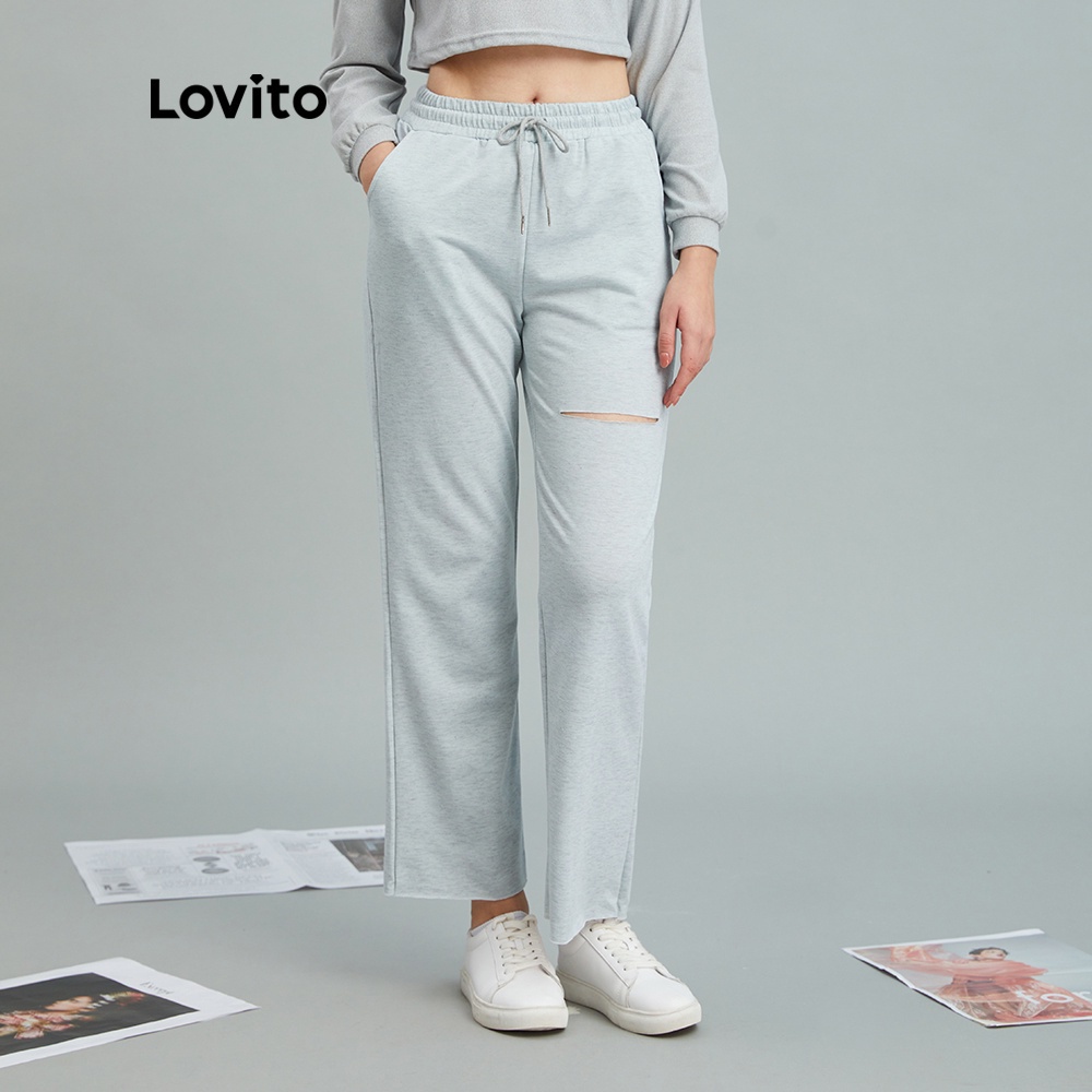 Quần Lovito rách lỗ viền thô thắt dây màu trơn thường ngày L10104 (Màu xám nhạt/ Màu xanh lá cây nhạt)
