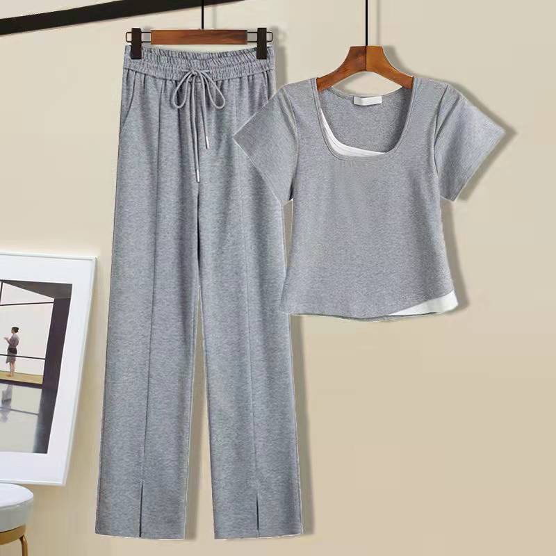 Single / suit contains cotton fake two-piece short-sleeved T-shirt women's summer new leisure sports shorts women's outer wear fashion two-piece suit