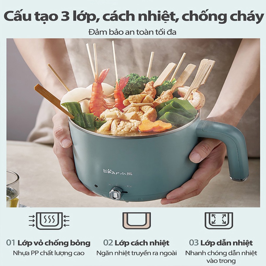Nồi lẩu điện đa năng mini Bear 1.2L 600W, thiết kế nhỏ gọn tiện dụng, HomeMart – Hàng chính hãng BH 18 tháng