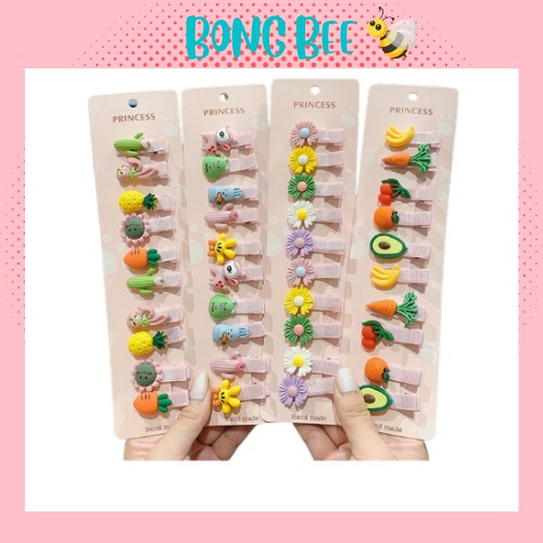 Set 10 kẹp tóc hình hoa, trái cây, củ quả xinh xắn đáng yêu cho bé gái